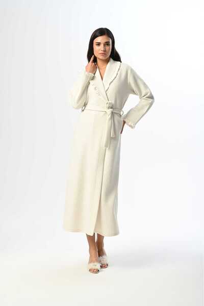 Lohussa Women's Ecru Jacquard Quilted Shawl Collar Winter Special Design Full Length Dressing Gown