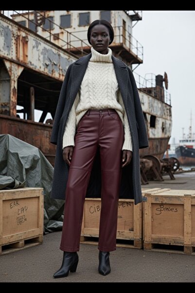 Grenj Fashion Relaxed Boru Paça Dikiş Detaylı Deri Pantolon