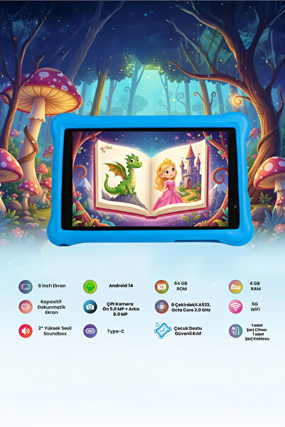 NPO NPK01Pro 8" 1280x800 IPS Ekran 4GB 64GB Android14 A523 2.0GHz Antişok Kılıf Çocuk Tableti