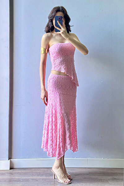Eka Γυναικείο Σετ Φούστα Ροζ Δαντέλα Crop 1026-221725