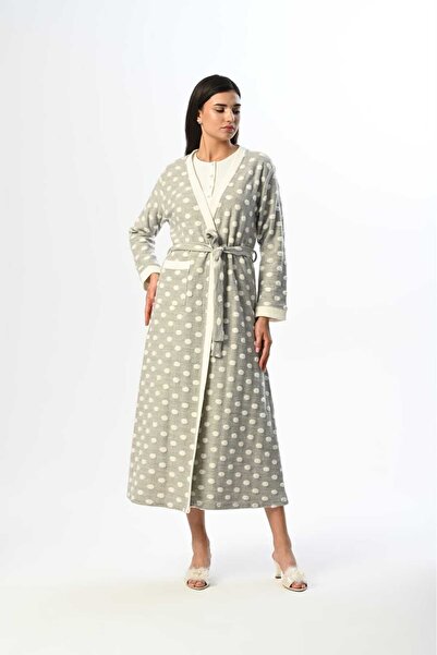 Lohussa Women's Gray Knitwear Dressing Gown Patterned Lace Winter Special Design Maternity Postpartum Dressing Gown Nightgown Set