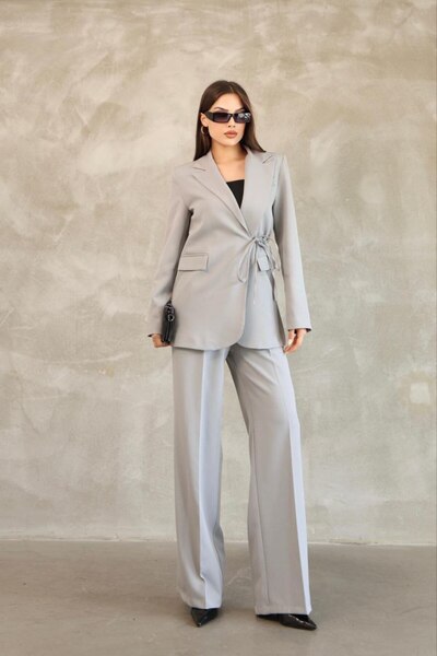 Stil Sepeti Women's Grey Premium Side Tie Blazer Jacket Palazzo Pants Set Drl-10001161