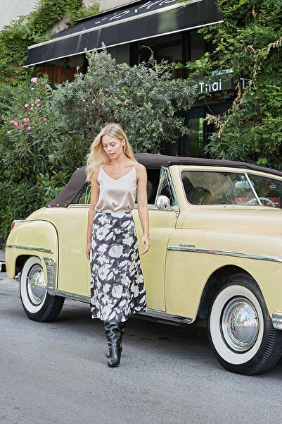 Jument Women's Lycra-Free Satin Fabric High Waist Below Knee Length Long Bell Skirt-Black Pattern