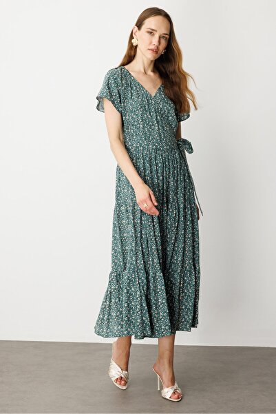 accort Çiçek Desenli Kruvaze Yaka Uzun Elbise-YEŞİL
