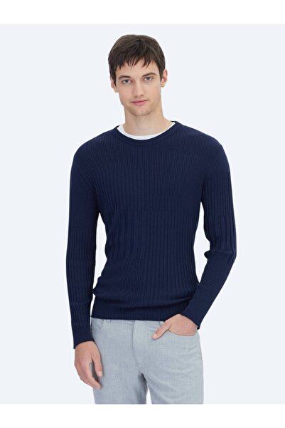 Kip Navy Blue Crew Neck Jacquard Knitwear Sweater