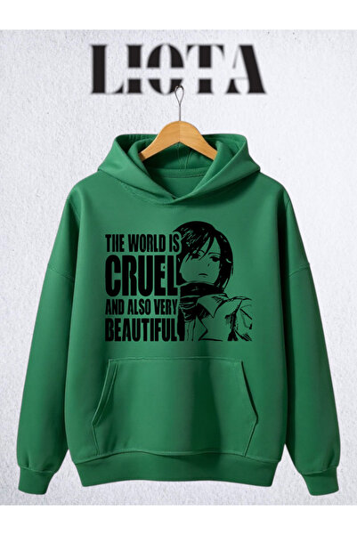 Vordevia Hanorac oversize din bumbac cu 3 fire, imprimat Attack On Titan