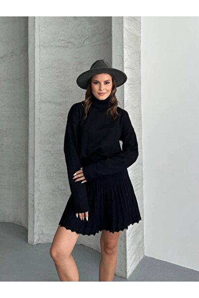 MODAMERSİ Set de îmbrăcăminte pentru femei, negru, cu gât roșu, cu fustă