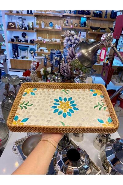ÇIRPAN EV SARI MAVİ ÇİÇEK DESEN RATTAN TEPSİ 38X24CM