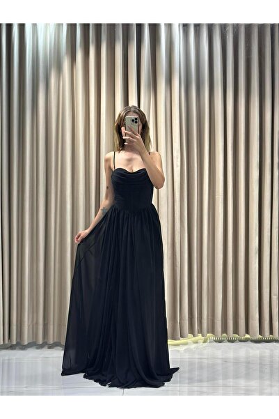 Kaleiçi Yıldızlar Siyah Yeni Sezon Şifon Abiye 5621