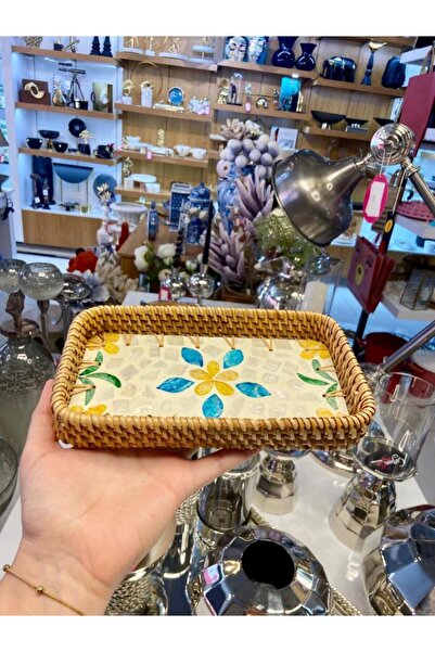 ÇIRPAN EV SARI MAVİ ÇİÇEK DESEN RATTAN TEPSİ 21X12CM