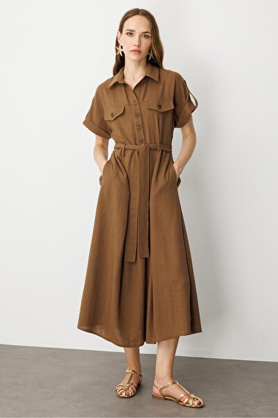 accort Kuşak Detaylı Keten Görünüm Elbise-KAHVE
