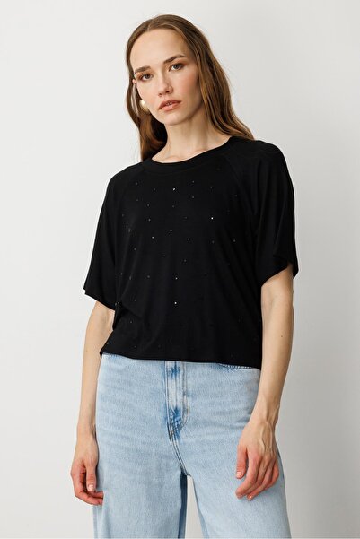 accort Minik Taş Detaylı Kısa Tişört-SİYAH
