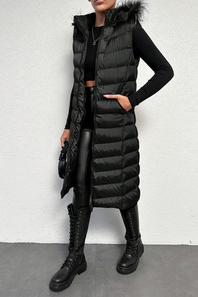 moda poni Women's Black Long Puffer Vest