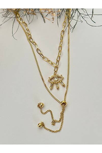 mibrillo Ataç Zincirli Göz Kolye ve Asansör Kolye Çelik İkili Kolye