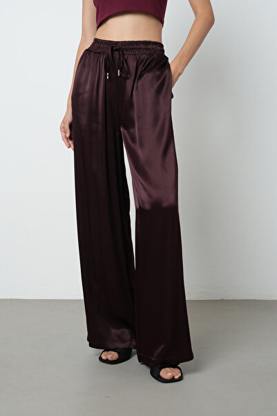 Orfeo Negro Women's Burgundy Color Plain 100% Viscose Wide Leg Elastic Waist Trousers