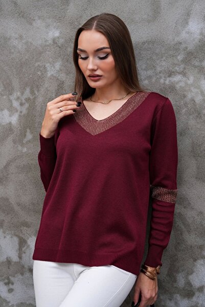 Bİ.GİYSEN Tricotaj subțire pentru femei, cu decolteu în V, cu guler, din Lycra cu sclipici, confortabil, Buluz