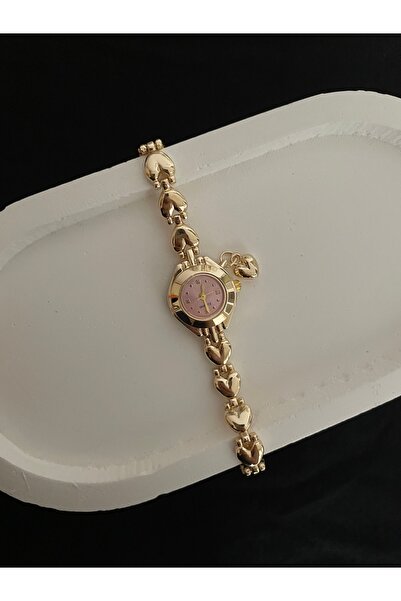 Luna Çelik Kadın Pembe Kadran Vintage Kalp Charm Detaylı Kadın Saat Gold