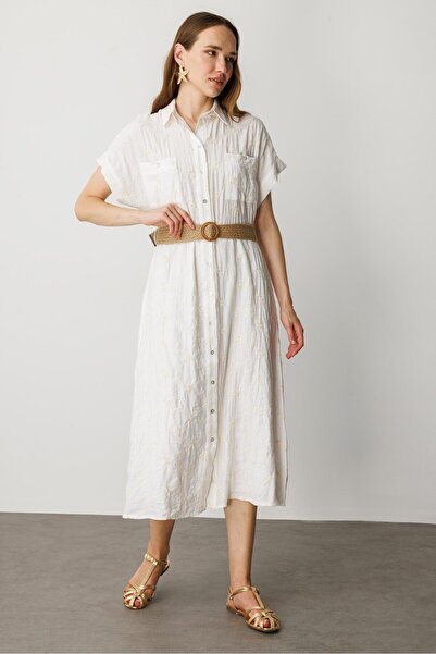 accort Hasır Kemer Detay Pamuklu Elbise-KREM