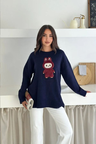 CİDDE Labubu з вишивкою Oversize м'якої текстури Шардоне трикотажний светр