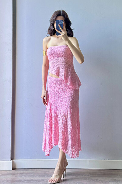 Eka Γυναικείο Σετ Φούστα Ροζ Δαντέλα Crop 1026-221725