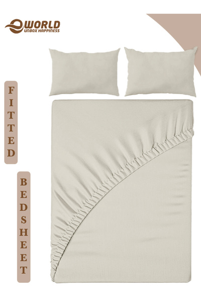 Eworld 3-Piece Cream Cotton Fitted Bedsheet Set with Deep Pocket & 2 Pillow Covers, Queen Size