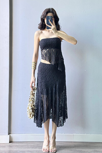 Eka Women's Black Lace Crop Skirt Set 1026-221725