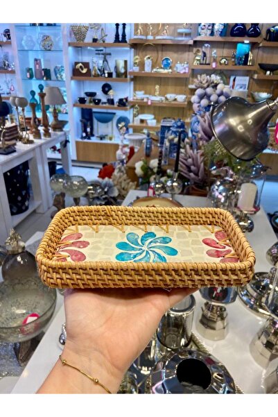 ÇIRPAN EV MAVİ ÇİÇEK DESEN RATTAN TEPSİ 21X12CM