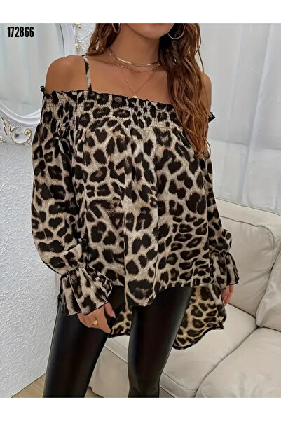 moda wanilia Γυναικεία μπλούζα με λεπτομέρεια με λουράκι με λουράκι με λεοπάρ στάμπα ασύμμετρης κοπής