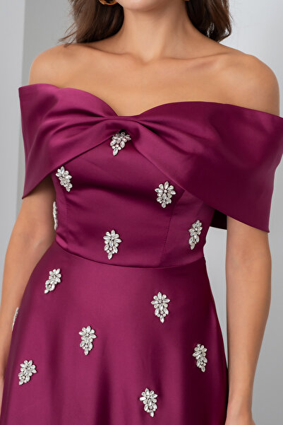 Lafaba Women's Plum Strapless Rhinestone Long Satin Evening Dress