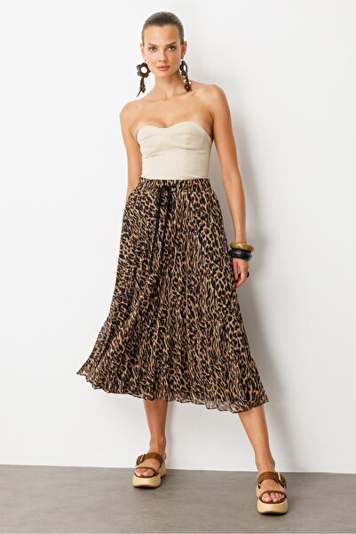 accort Beli Lastik Pileli Şifon Etek-KAHVE