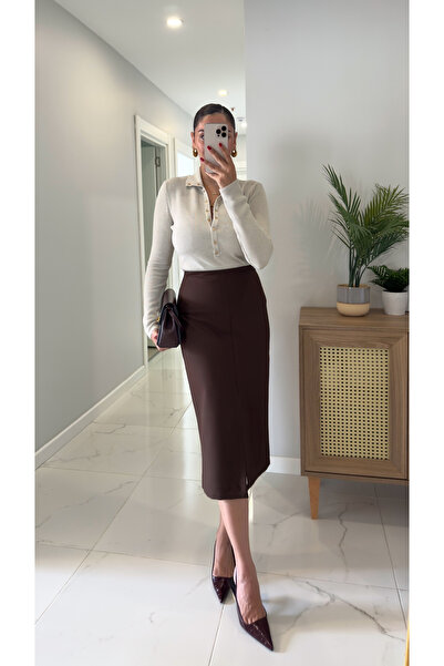 BİRCANÇİL Polen Brown Skirt with Front Slit Detail