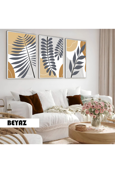 Harikabirev Children's Room Living Room-Minimalist Modern Bohemian Design Leaves X1 | Wooden Framed 3-Piece Mdf Ahmdf