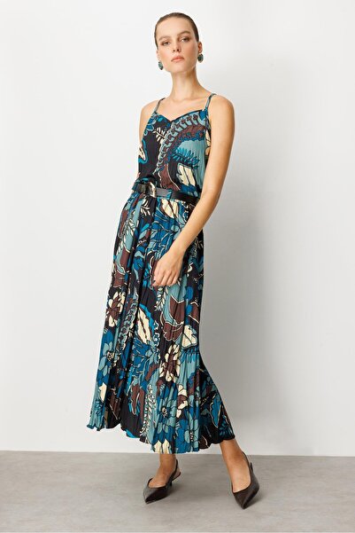 accort Beli Lastikli Kendinden Desenli Uzun Etek-PETROL