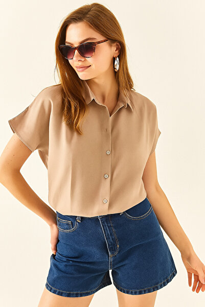 SheLoria Women's Milk Coffee Bat Oversize Linen Shirt
