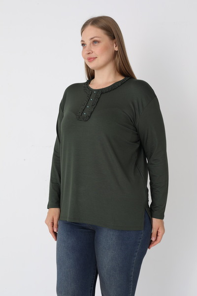 Orly More Viscose Fabric Mini Slit Plus Size Long Sleeve Mother Combed Cotton Blouse with Collar and Button Detail