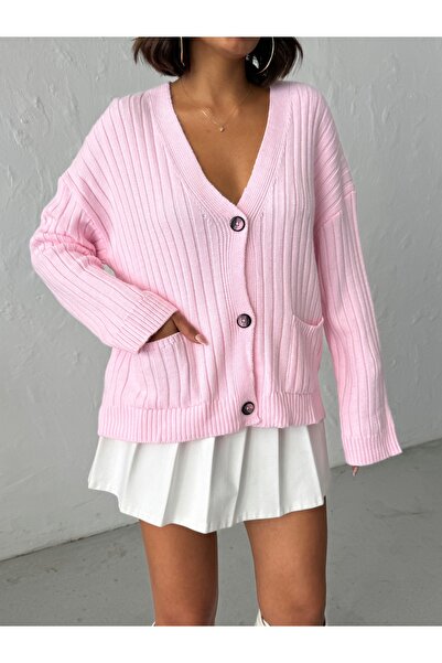 BEJNA Kadın Pembe V Yaka Düğmeli Cepli Fitilli Triko Hırka