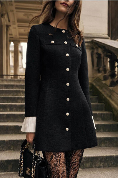 Neşeli Butik dámské šaty z šanel látky s plisovanými manžetami a mini designem NBEMP2789