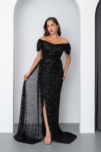 Lafaba Women's Black Sequin Embroidered Long Evening Dress