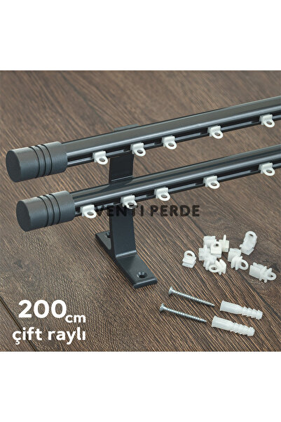 wenthi Antrasit Kornişli Metal Rustik Venti 20mm Çift Raylı Perde Askısı, Rus...