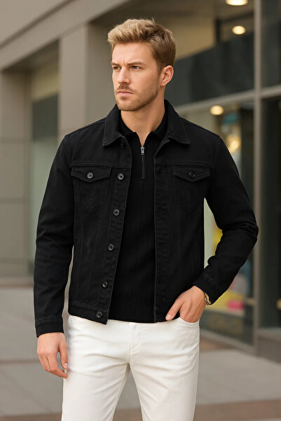 DAMGA JEANS جاكيت جينز أسود فضفاض أساسي للرجال لموسم