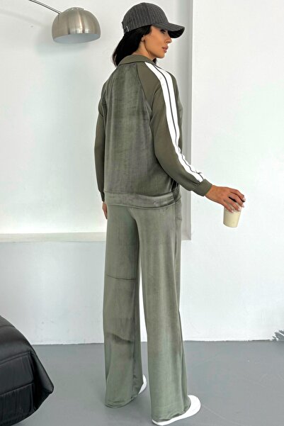 Ded COLLECTION Kadın Yakalı Yarım Fermuarlı Beyaz Şeritli Kadife Alt Üst Takım