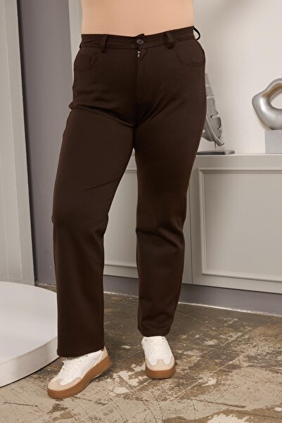 RMG Plus Size Pipe Leg Steel Knitted Trousers Brown