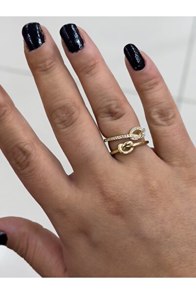 Hicrans Takı DÜĞÜM MODEL TAŞLI İKİ SIRALI AYARLANABİLİR GOLD VİP SERİ YÜZÜK