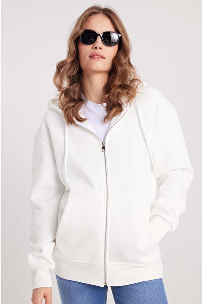 Tudors Γυναικείο φούτερ με κουκούλα με φερμουάρ, λευκό, με διπλή τσέπη, από βαμβακερό φλις εσωτερικά, άνετο και χαλαρό