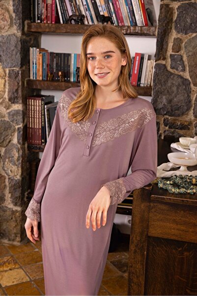 Aydoğan Women's Lace Lilac Nightgown Long Sleeve 95% Cotton B1-2 - 6024 - Aydogan ®