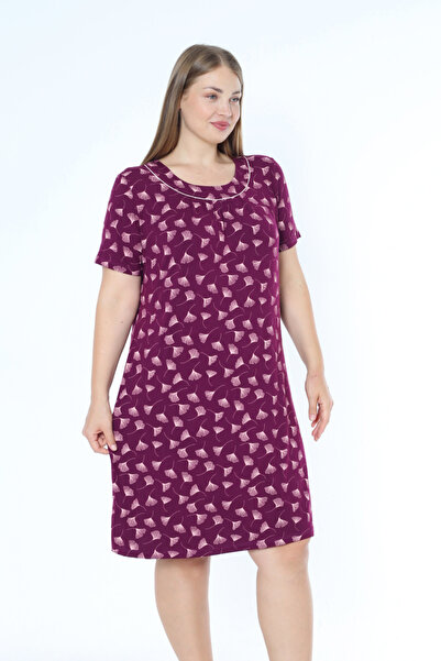 İntensive Plus Size Patterned Short Sleeve Ribbed Stretchy Viscose Nightgown