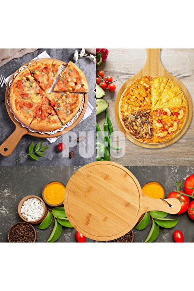 PUFO large round bamboo wooden platter with handle for serving food, appetizers, pizza, 50 cm, brown