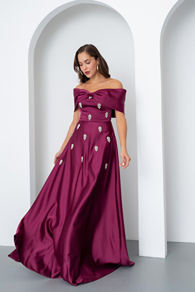 Lafaba Women's Plum Strapless Rhinestone Long Satin Evening Dress