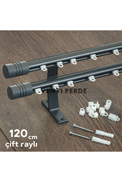 wenthi Antrasit Kornişli Metal Rustik Venti 20mm Çift Raylı Perde Askısı, Rus...