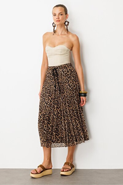 accort Beli Lastik Pileli Şifon Etek-KAHVE